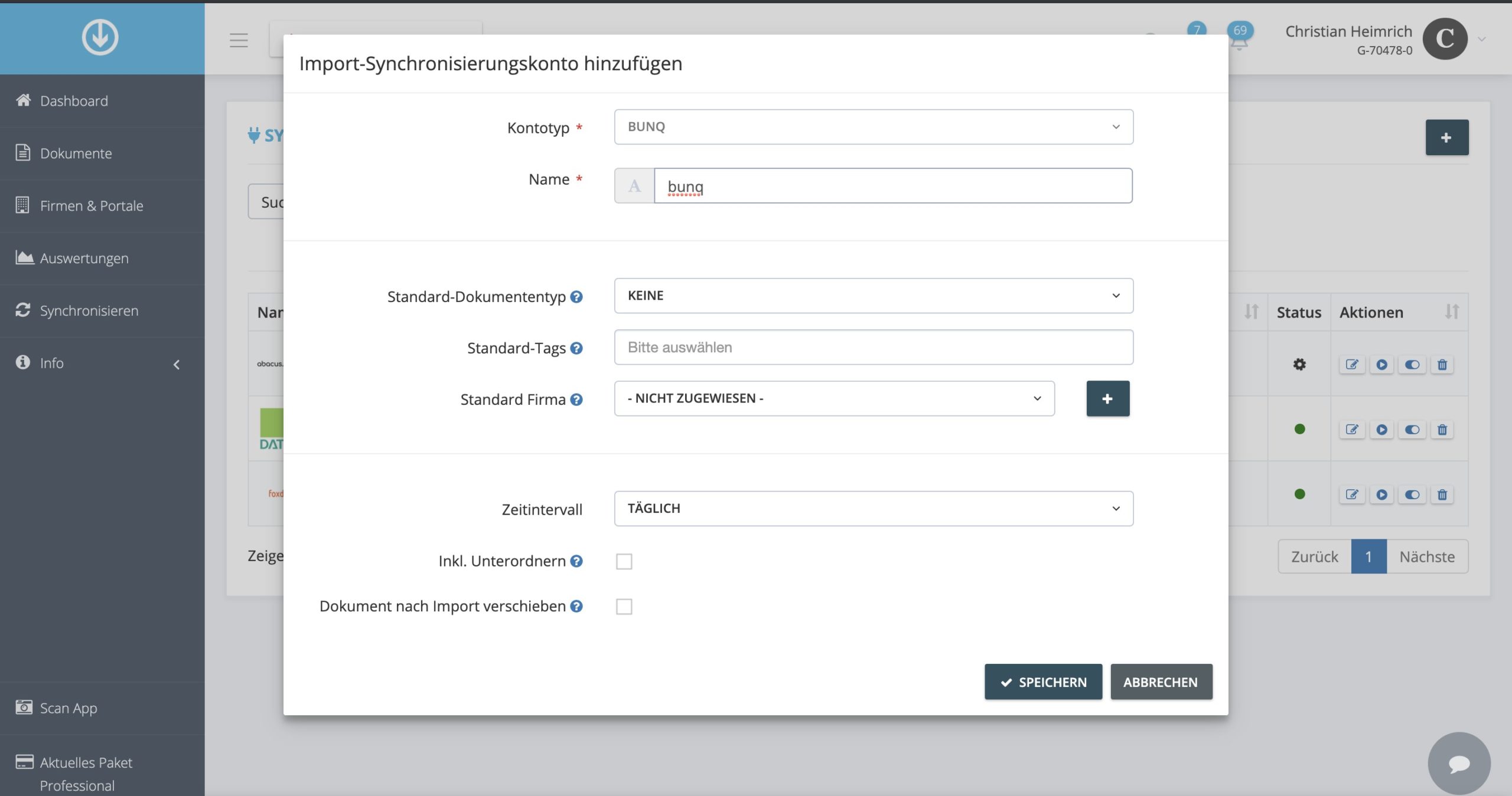 Schritt in GetMyInvoices für die bunq-Integration