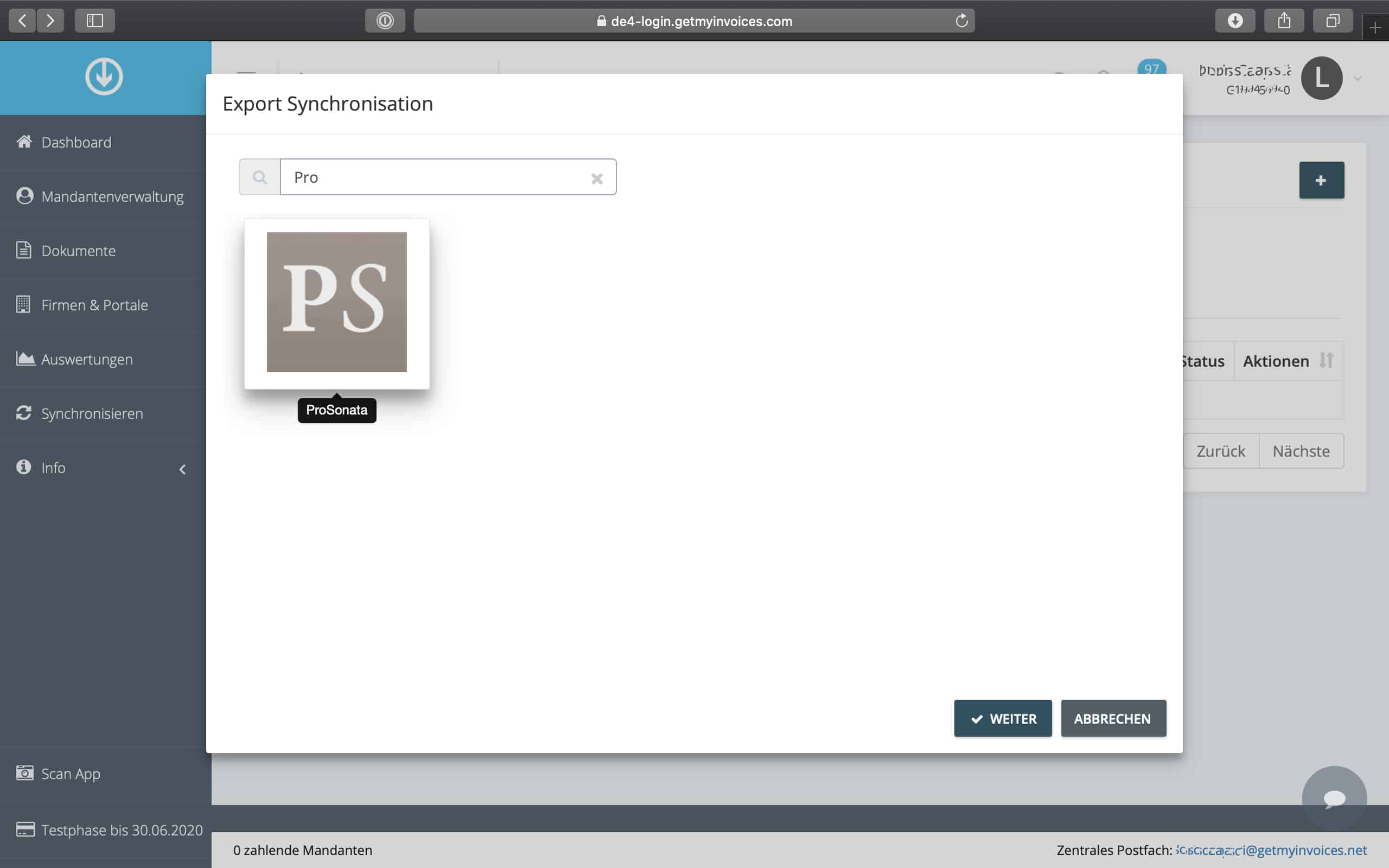 Schritt in GetMyInvoices für die ProSonata-Integration