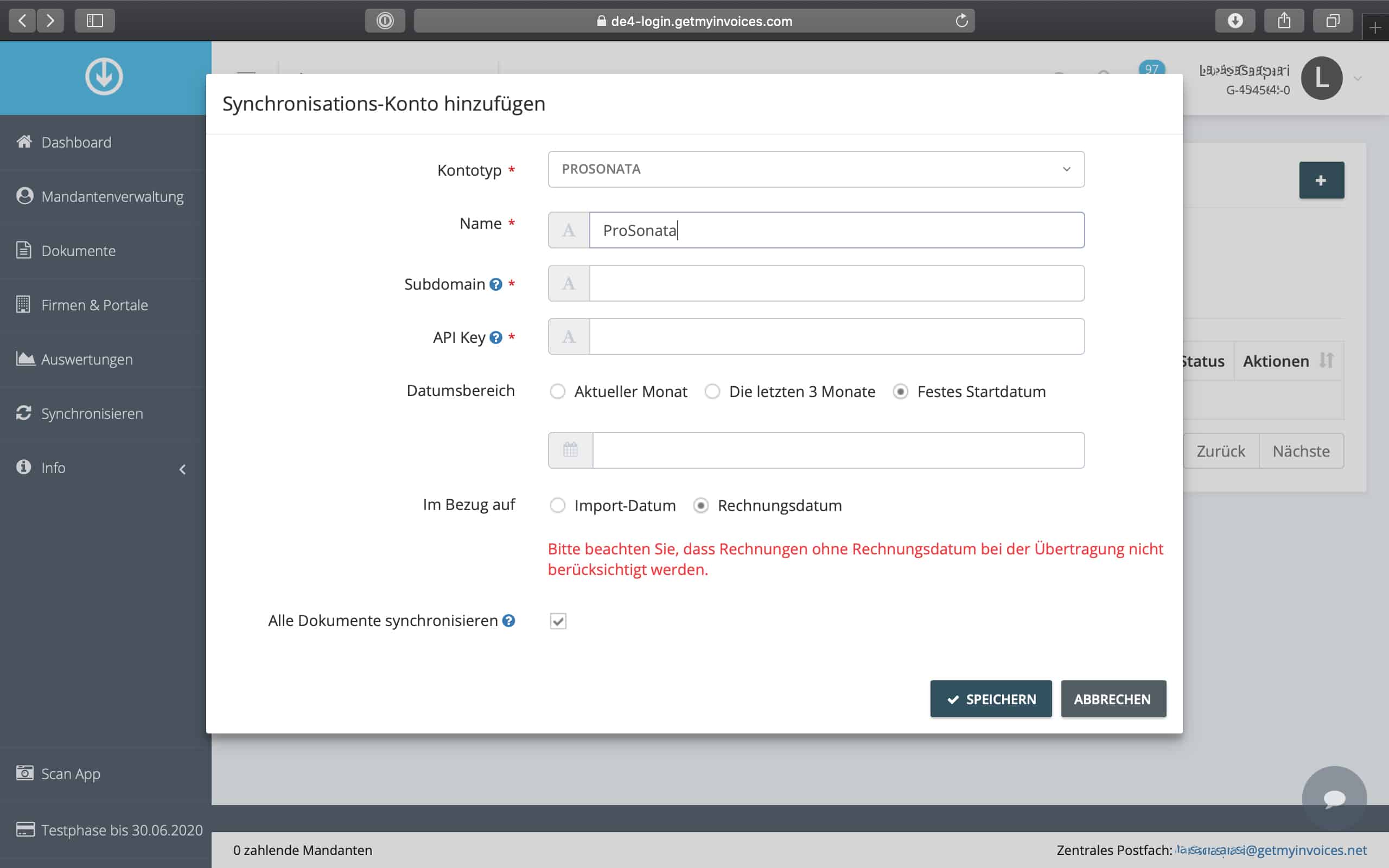 Schritt in GetMyInvoices für die ProSonata-Integration
