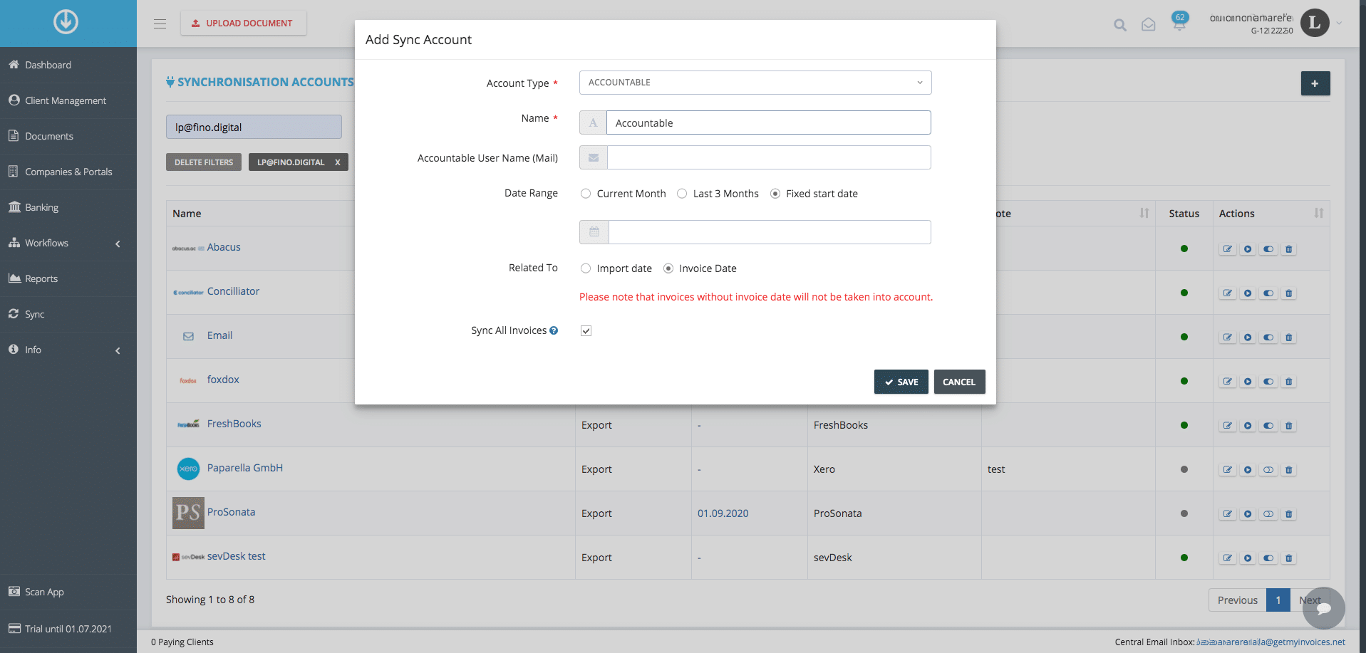 Schritt in GetMyInvoices für die Accountable-Integration
