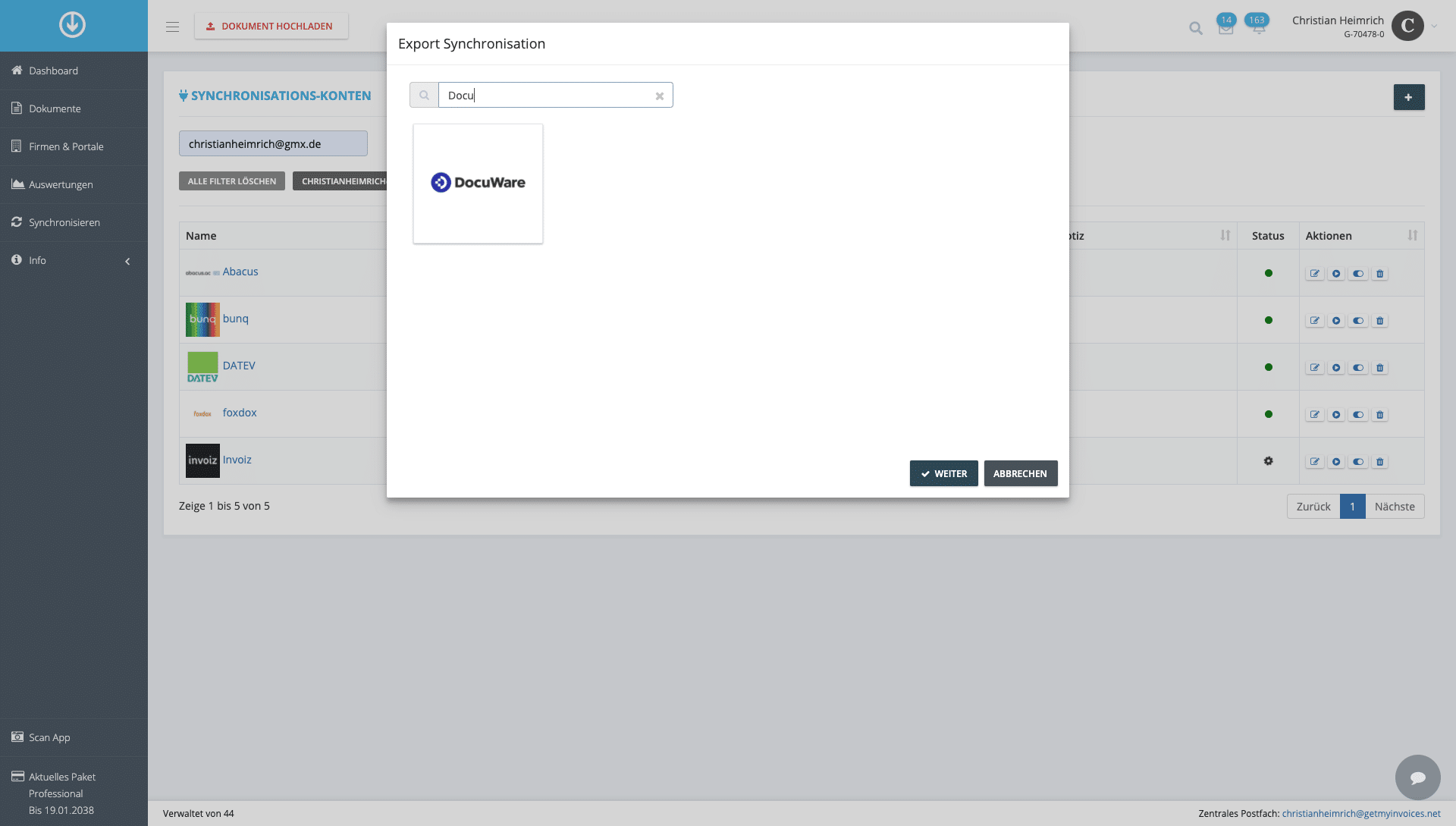 Schritt in GetMyInvoices für die DocuWare-Integration