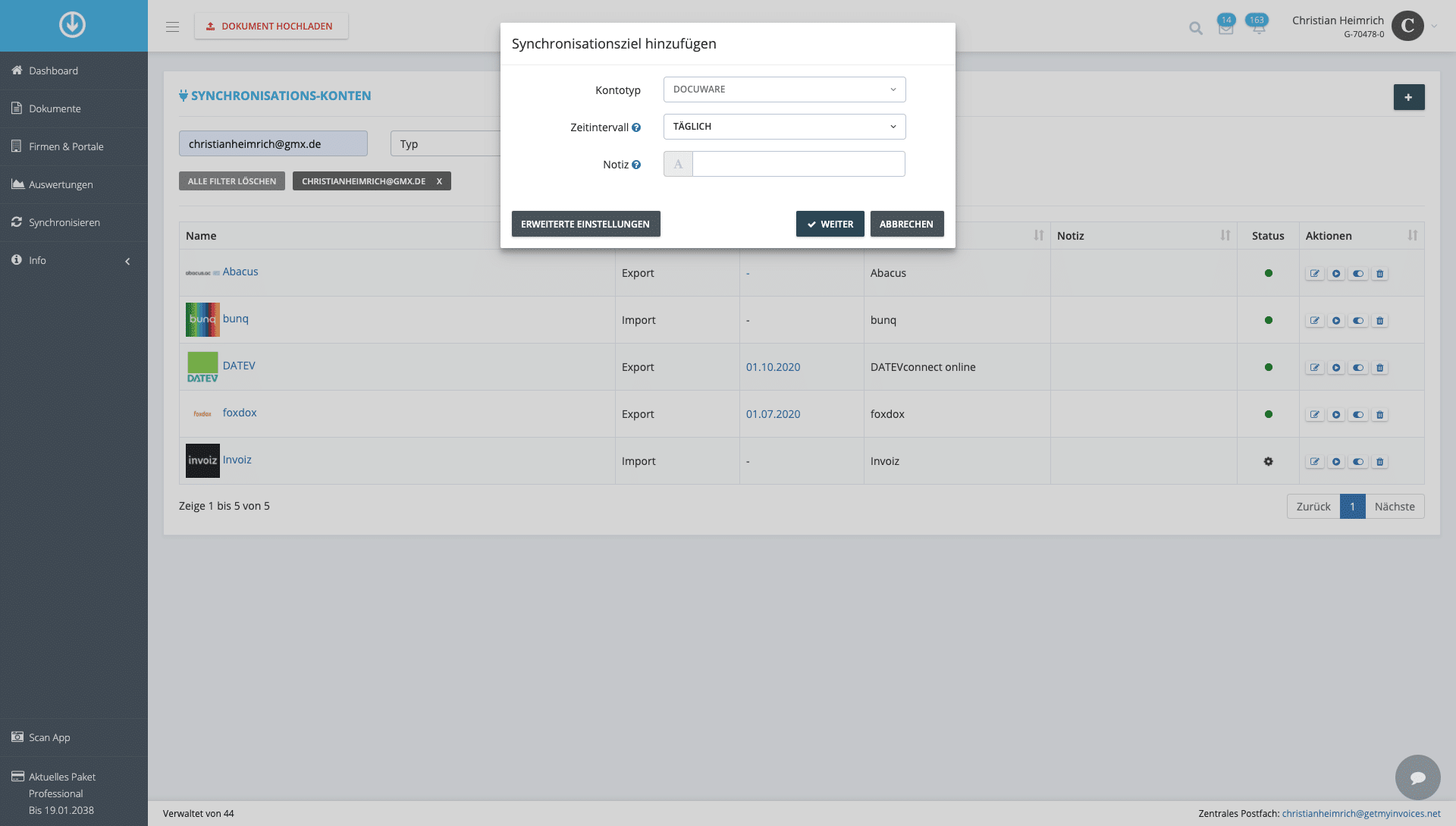Schritt in GetMyInvoices für die DocuWare-Integration