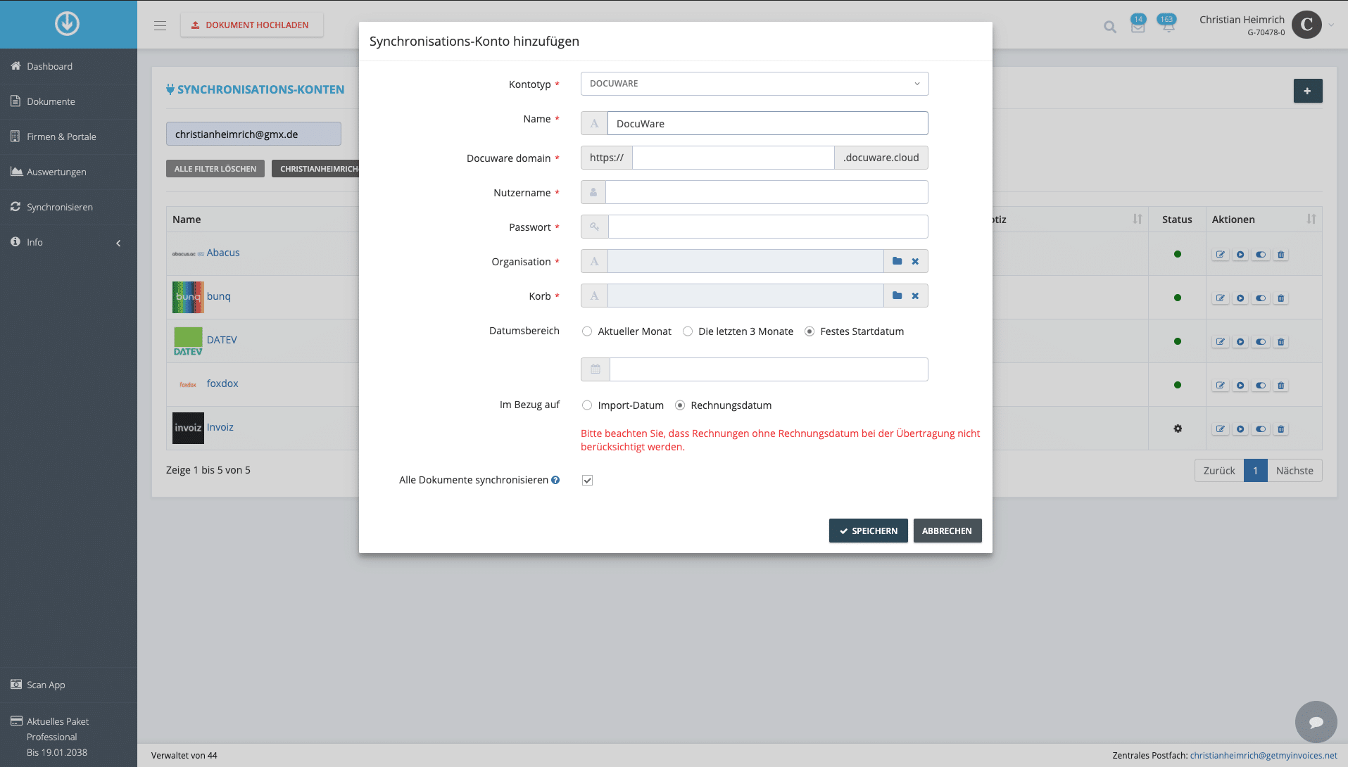 Schritt in GetMyInvoices für die DocuWare-Integration