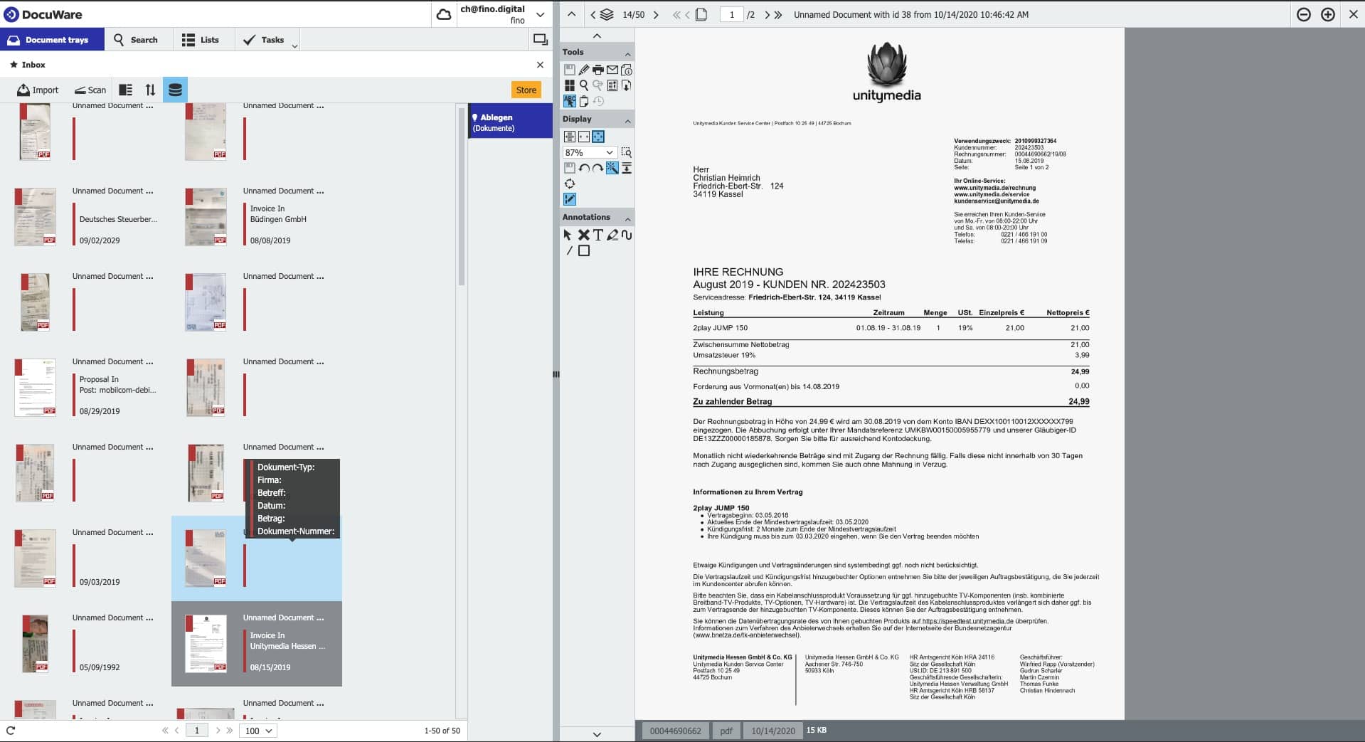 Schritt in GetMyInvoices für die DocuWare-Integration