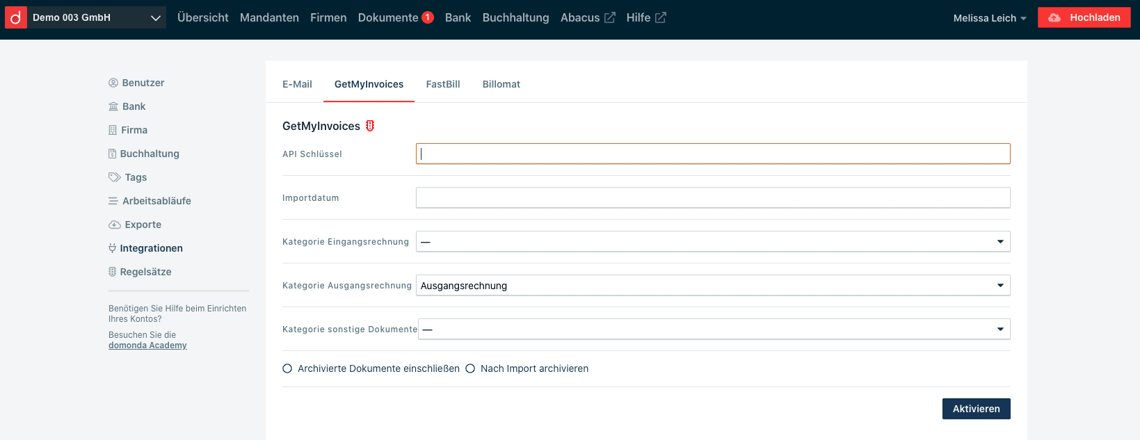 Schritt in GetMyInvoices für die domonda-Integration