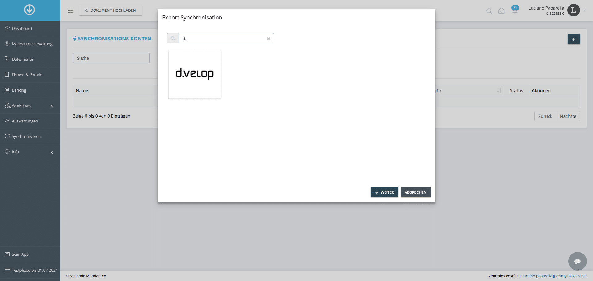 Schritt in GetMyInvoices für die d.velop-Integration