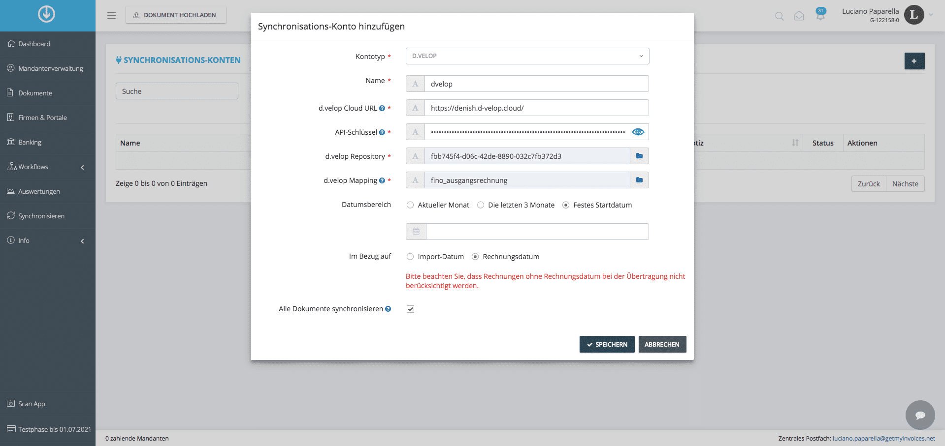 Schritt in GetMyInvoices für die d.velop-Integration