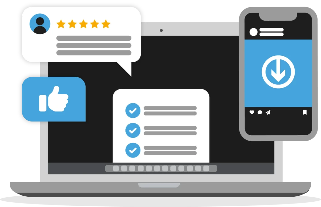 Illustrazione: recensioni e checklist su laptop e smartphone