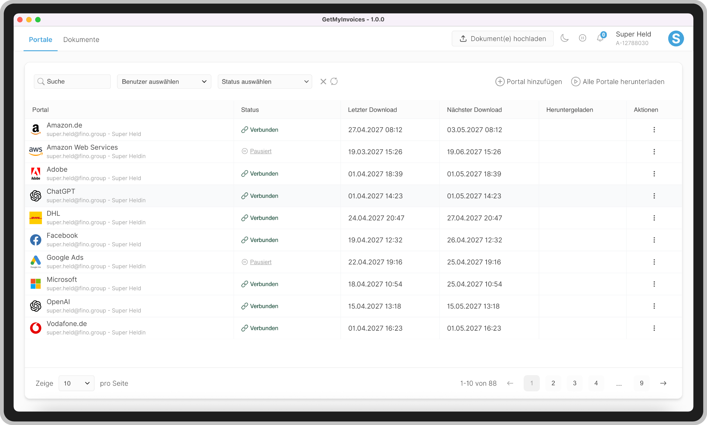 GetMyInvoices Desktop App Portalübersicht mit verbundenen Portalen wie Amazon, Adobe und Google Ads