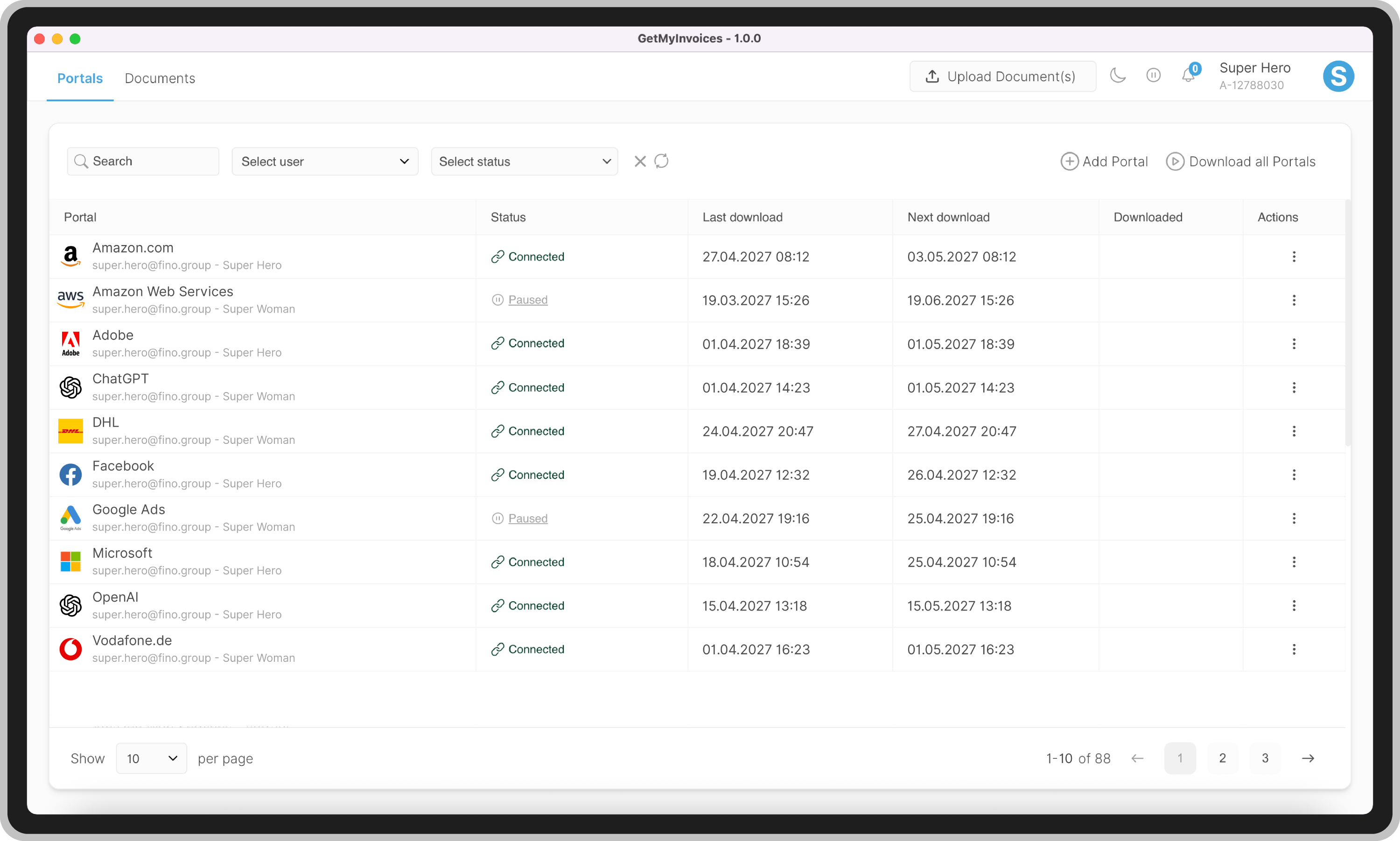 Panoramica dei portali nella Desktop App di GetMyInvoices con portali collegati come Amazon, Adobe e Google Ads