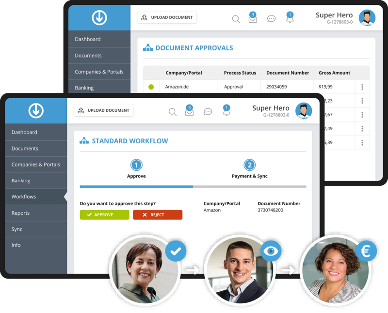 GetMyInvoices Workflows Pro con processi di approvazione e avatar del team