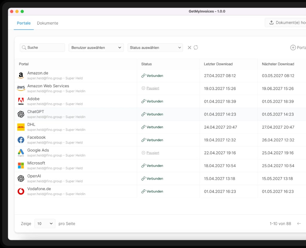 Panoramica dei portali nell'app desktop GetMyInvoices