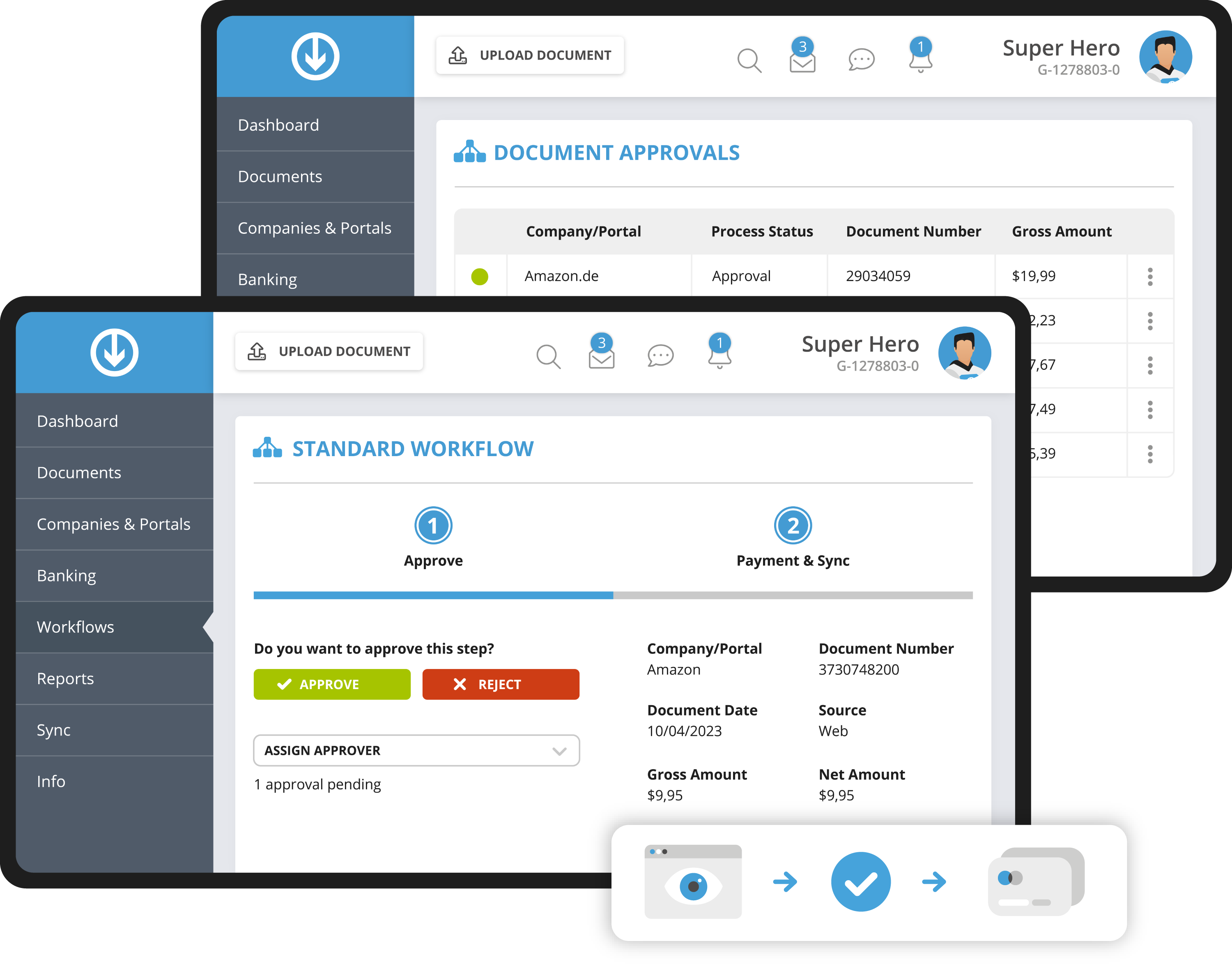 Workflow standard di GetMyInvoices con approvazione da parte dell'addetta agli acquisti, del procuratore e della contabile